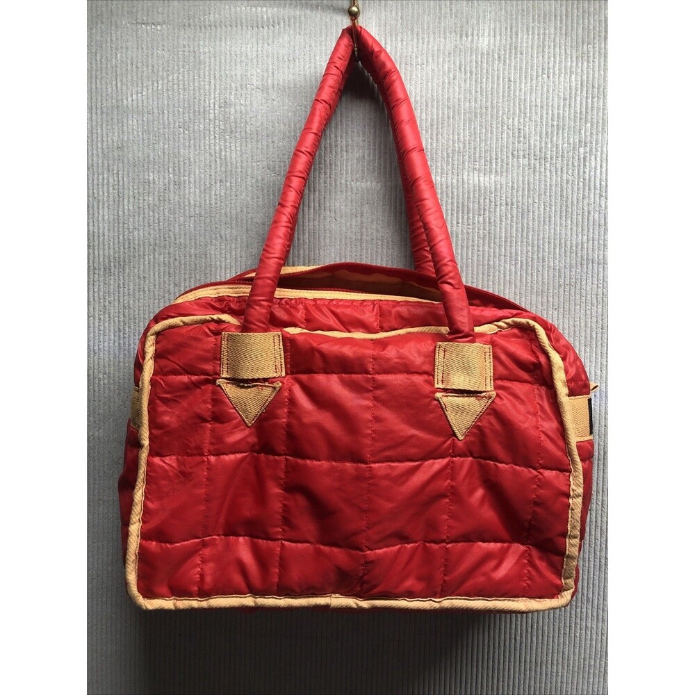 Sun Pac Purse Medium Red Orange Trim Quilted Zip Up Double Handle Lightweight